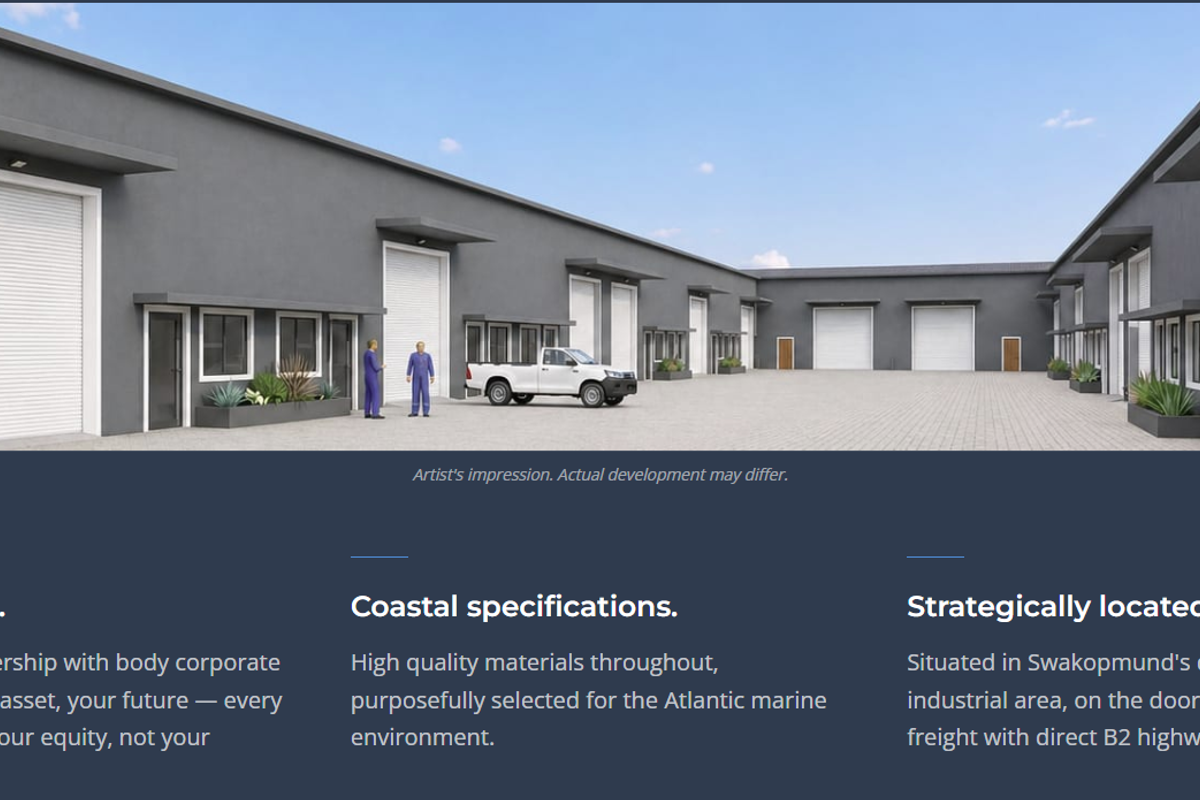 A professional architectural rendering of a modern industrial complex featuring multiple units with roller shutter doors and a paved central courtyard.