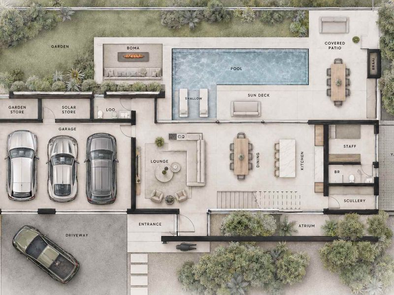 A detailed architectural floor plan showing a modern layout with a three-car garage, open-plan living areas, pool, boma, and staff accommodation.