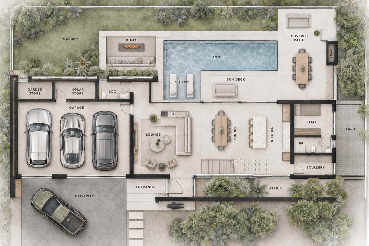 A detailed architectural floor plan showing a modern layout with a three-car garage, open-plan living areas, pool, boma, and staff accommodation.