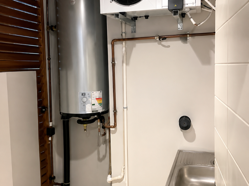 A clean and functional utility space featuring a modern hot water cylinder, heat pump unit, and a stainless steel sink with tiled flooring.