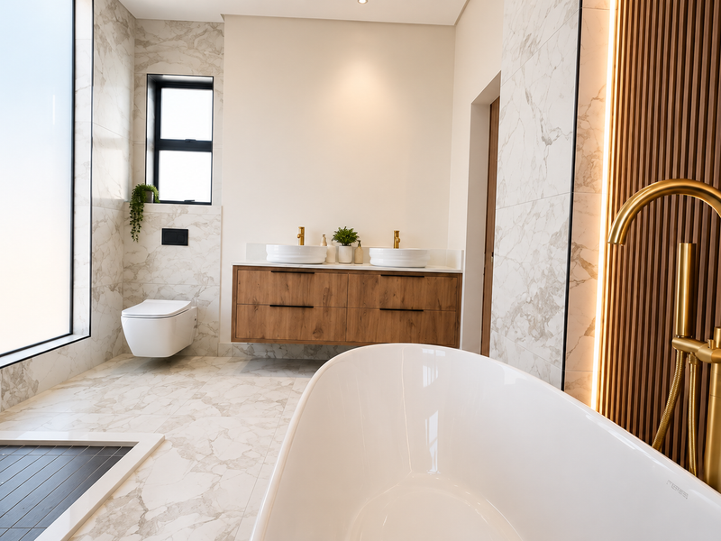 Modern luxury bathroom featuring a freestanding bathtub, double vanity with brass fixtures, marble-look tiling, and a stylish slatted timber feature wall with integrated lighting.