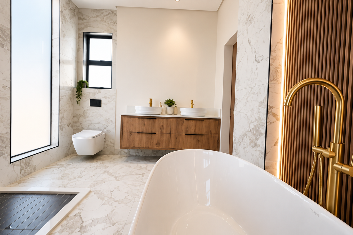 Modern luxury bathroom featuring a freestanding bathtub, double vanity with brass fixtures, marble-look tiling, and a stylish slatted timber feature wall with integrated lighting.
