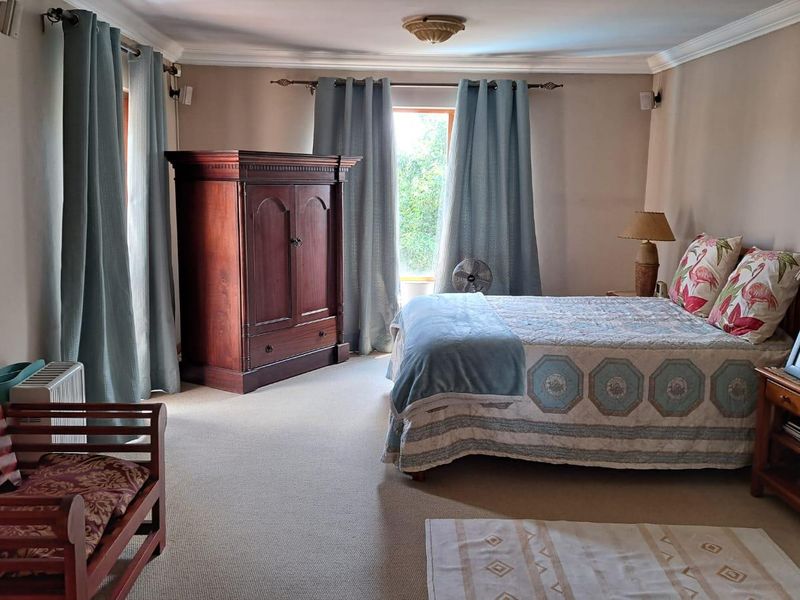Spacious bedroom featuring neutral carpeting, crown molding, and large windows with natural light.