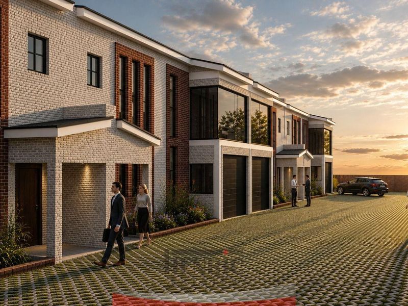 A modern townhouse development featuring a brick facade, integrated garages, and a paved driveway, presented in a professional architectural rendering.
