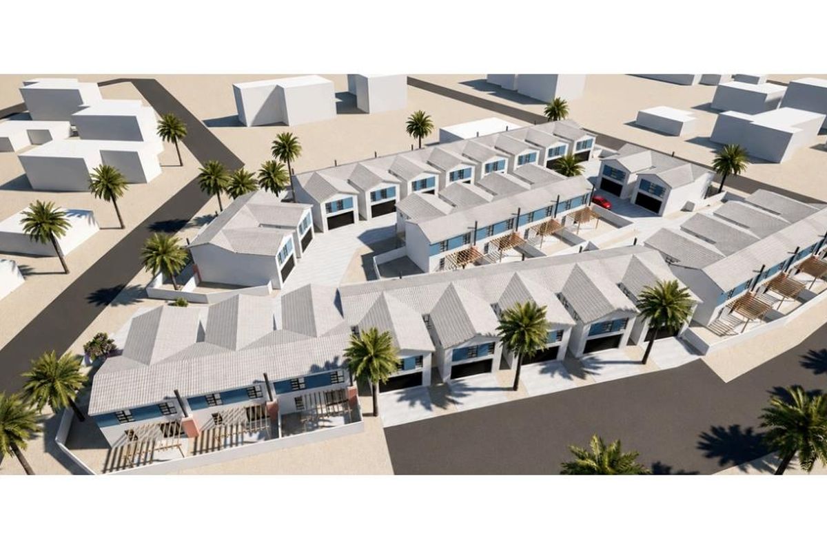 An aerial 3D render showing the layout and exterior design of a modern townhouse complex with paved driveways and integrated garages.