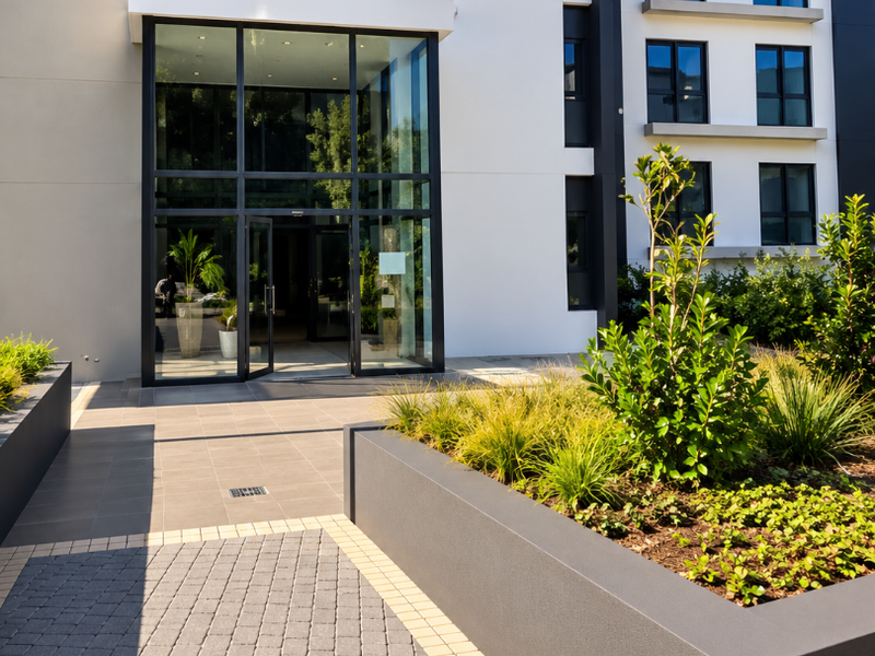 Modern multi-story building entrance featuring a glass facade, paved pedestrian walkway, and contemporary raised concrete planter boxes with established landscaping.