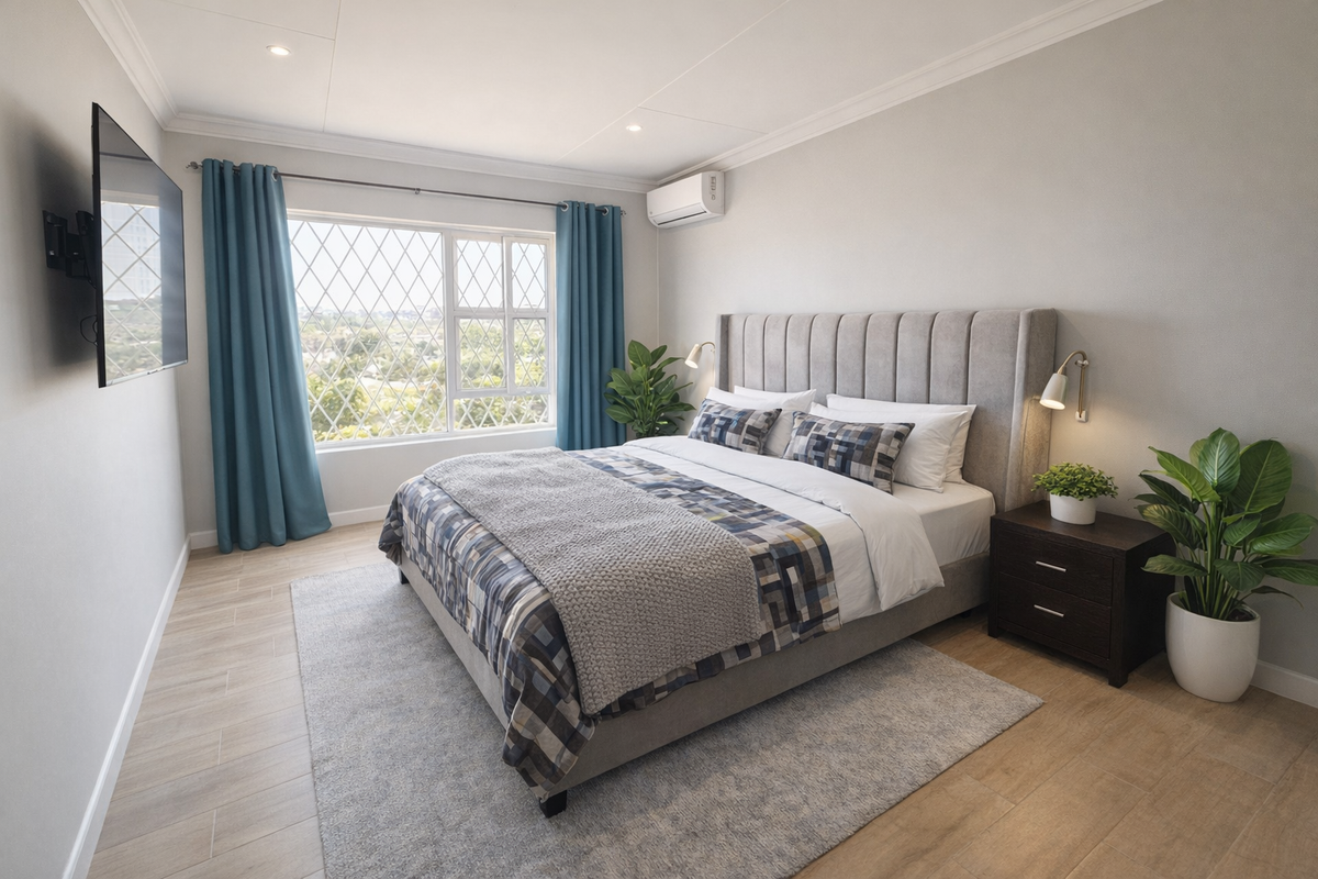 A well-maintained bedroom featuring timber-look flooring, a split-system air conditioner, and a large window with diamond-pattern glazing.