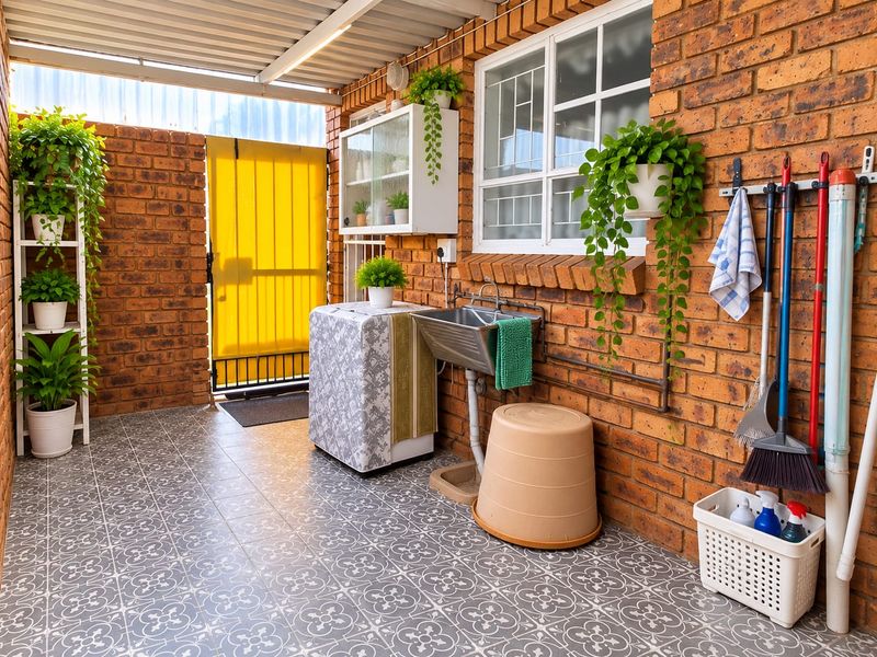 A functional outdoor laundry area featuring exposed brick walls, patterned floor tiles, a utility sink, and wall-mounted storage cabinetry under a covered roof.