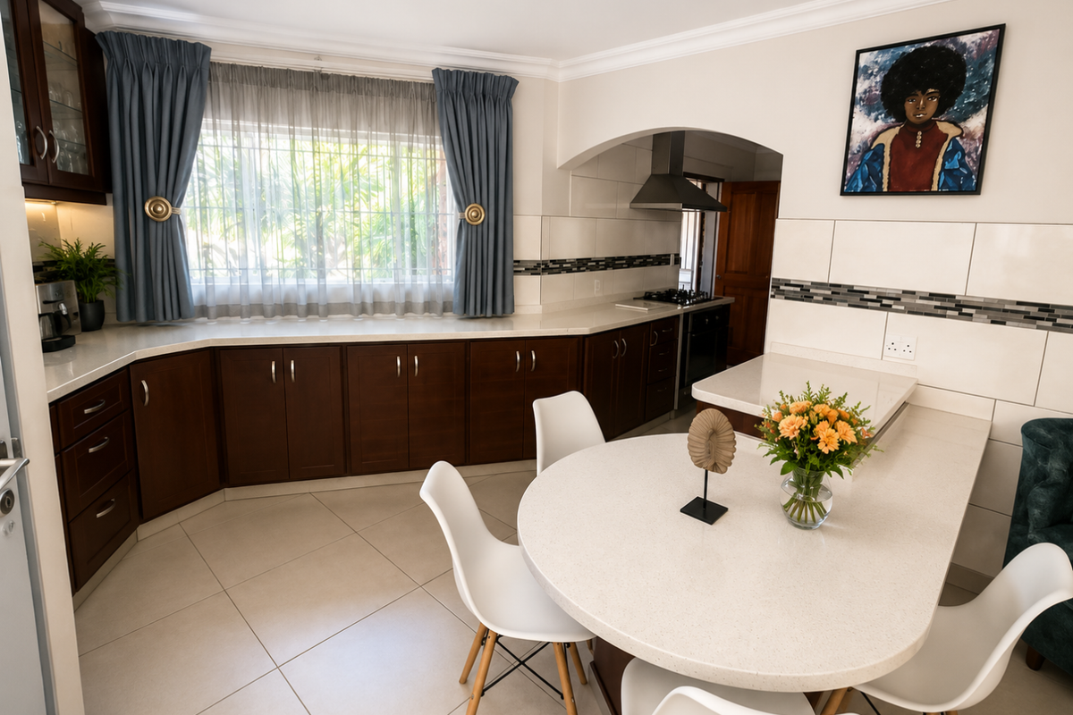 A well-maintained kitchen featuring dark wood cabinetry, stone countertops, a built-in extractor fan, and a breakfast nook area with tiled flooring.