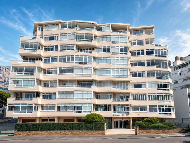Front elevation of the Clarensville apartment building, featuring a multi-story facade with numerous enclosed balconies and a secure gated entrance.
