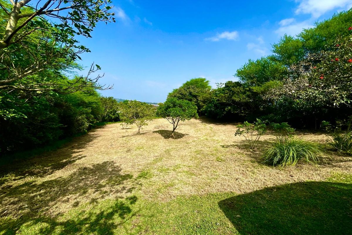 A spacious, well-maintained residential garden area featuring mature trees and established lawn, offering a peaceful outdoor setting.