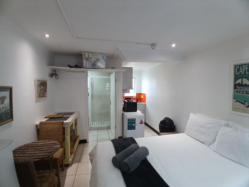 An open-plan studio apartment featuring a combined sleeping and kitchenette area with tiled flooring and an adjoining shower room.