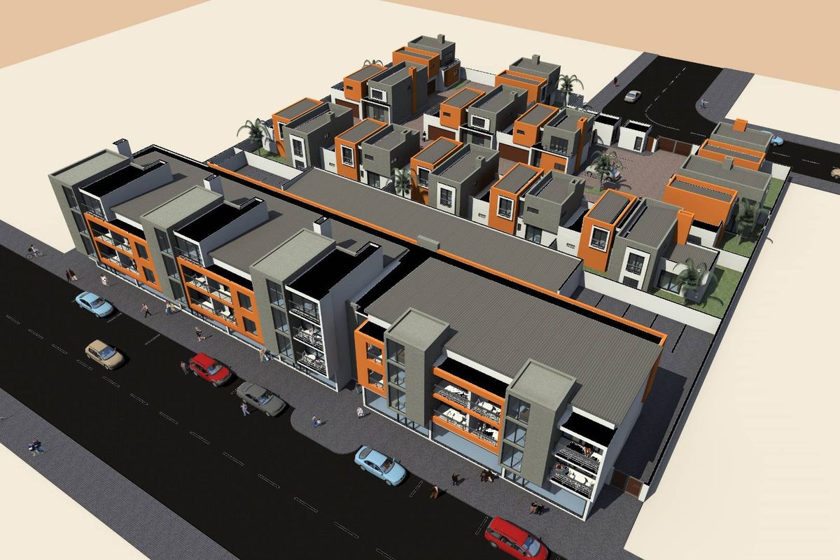 An aerial 3D architectural rendering of a modern multi-unit apartment complex with integrated parking and landscaped areas.