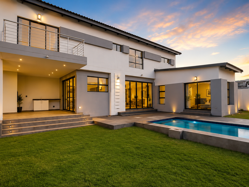 Modern double-story rear elevation featuring a swimming pool, covered patio, upper-level balcony, and expansive glass sliding doors opening to a landscaped garden.