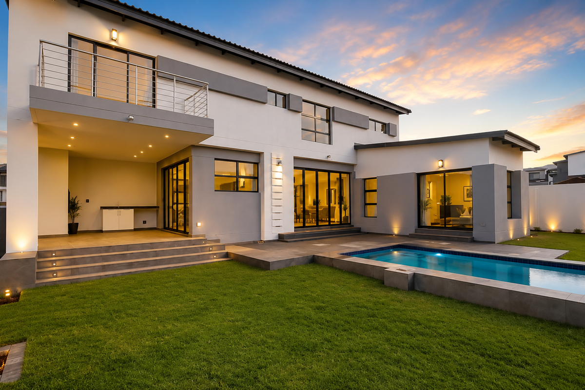 Modern double-story rear elevation featuring a swimming pool, covered patio, upper-level balcony, and expansive glass sliding doors opening to a landscaped garden.