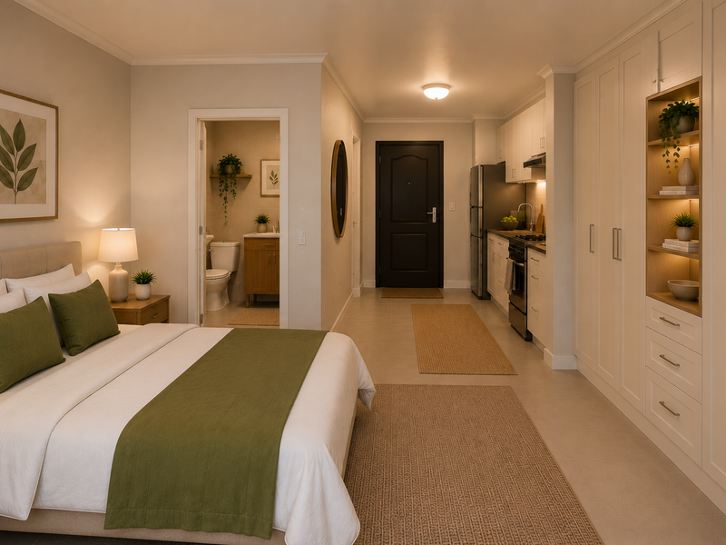 Modern open-plan studio apartment featuring a compact kitchenette, built-in storage cabinetry, and an adjoining bathroom with contemporary fixtures.