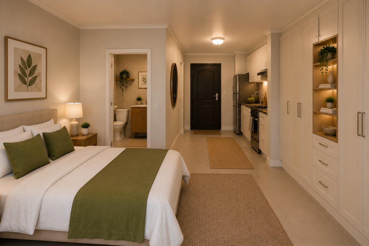 Modern open-plan studio apartment featuring a compact kitchenette, built-in storage cabinetry, and an adjoining bathroom with contemporary fixtures.