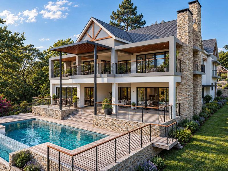 A luxurious rear exterior view featuring a multi-level residence with a swimming pool, expansive timber decking, stone accents, and covered balconies.