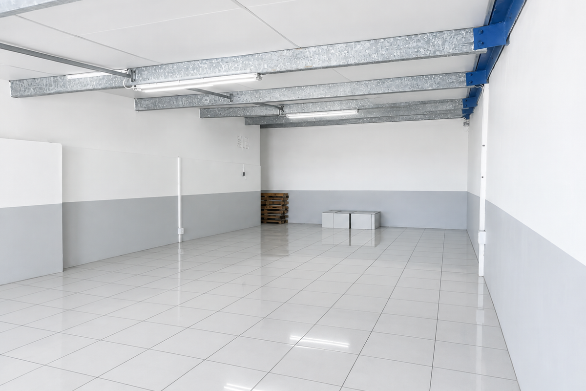 A clean, open-plan utility or storage space featuring polished ceramic tile flooring, exposed industrial steel beams, and bright fluorescent lighting.