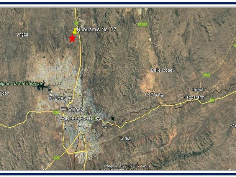 An aerial satellite map view showing the location of the property relative to Windhoek and surrounding areas.