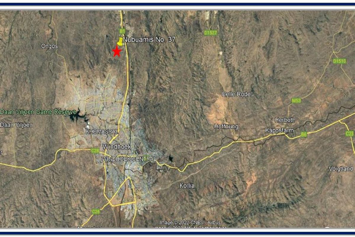 An aerial satellite map view showing the location of the property relative to Windhoek and surrounding areas.