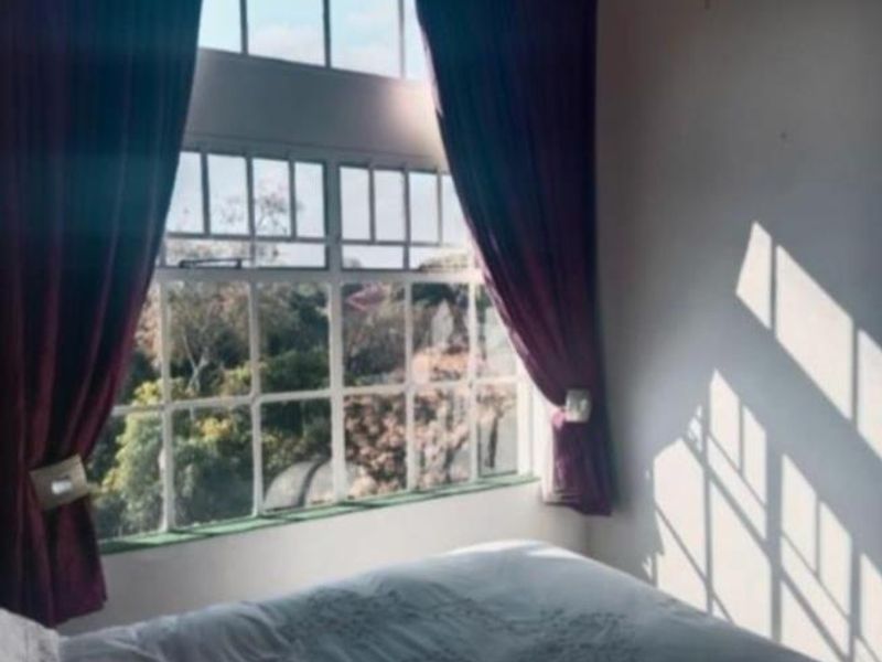 A bedroom featuring a large multi-pane window that allows for ample natural light and views of the surrounding greenery.