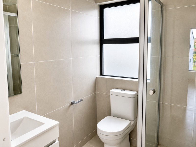 Modern bathroom featuring a vanity basin, toilet, and glass shower enclosure with neutral floor-to-ceiling tiling and a frosted window for privacy.