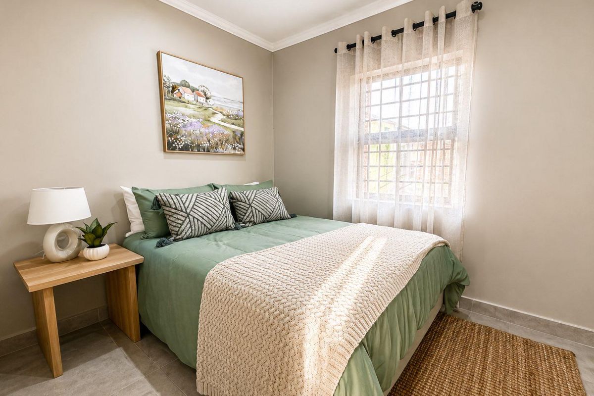 A well-maintained bedroom featuring neutral wall tones, tiled flooring, and a window with natural light.