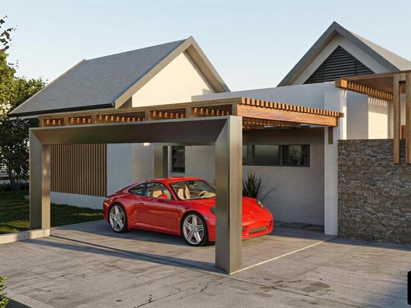 A modern architectural rendering of a house exterior featuring a contemporary carport with timber pergola detailing and stone cladding accents.