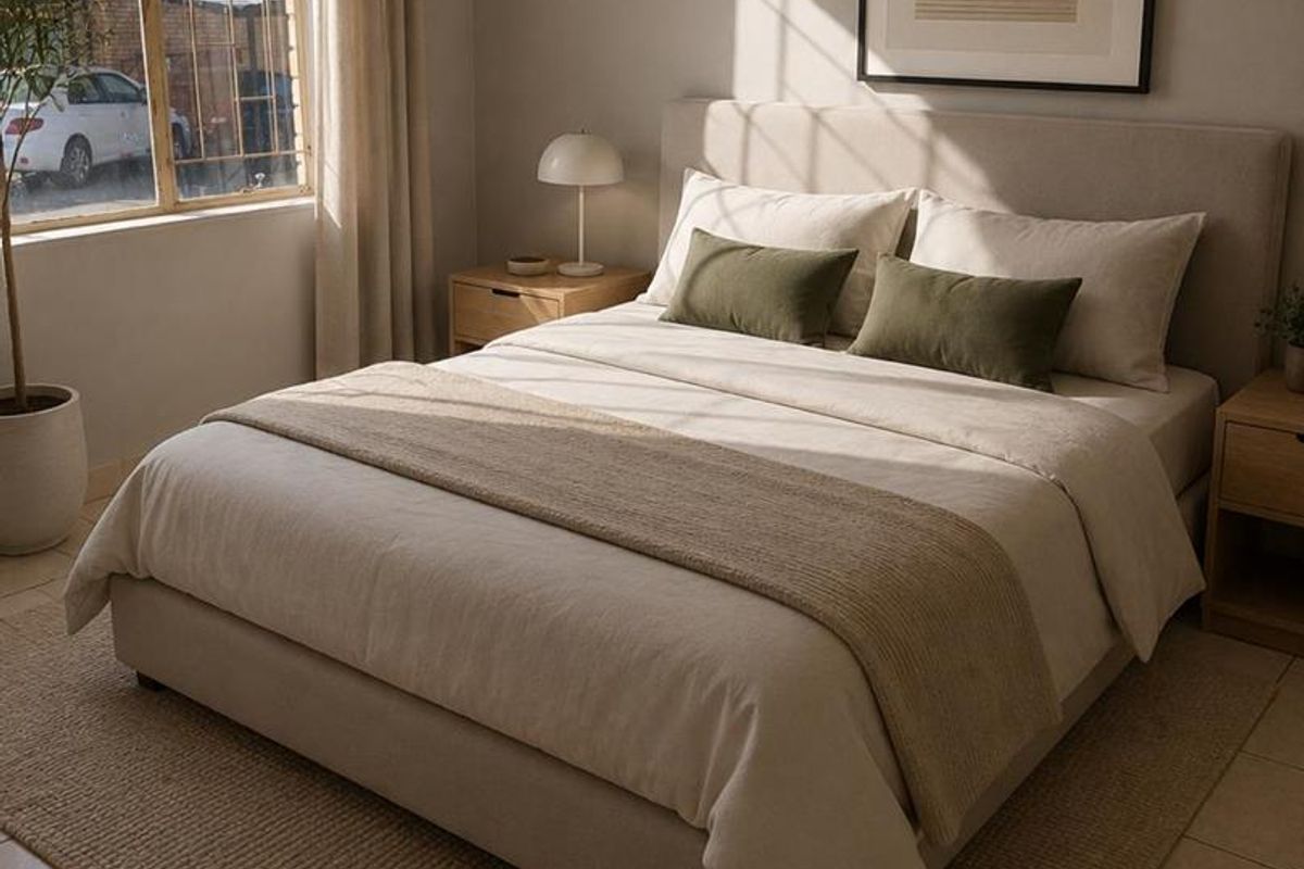 A bright and well-lit bedroom featuring neutral tones, tiled flooring, and a large window with security bars.