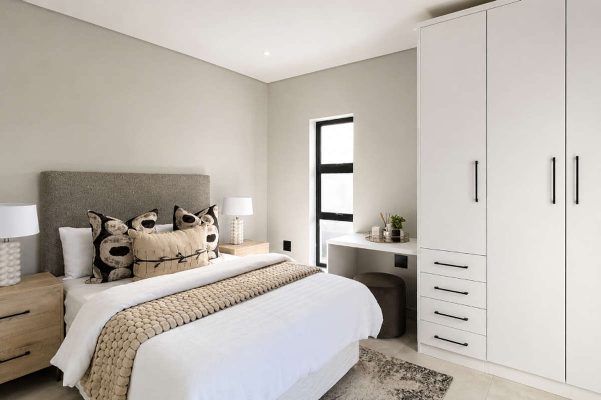 Modern bedroom featuring neutral tones, built-in white cabinetry with integrated desk space, and high-quality finishes throughout.