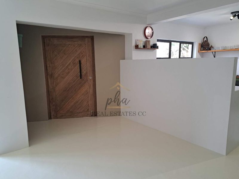 Open plan living area featuring smooth epoxy flooring, a modern wooden pivot entrance door, and a clean partition wall separating the space.