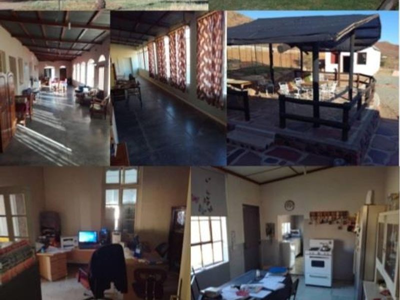 A collage of various interior and exterior views of a farm property, showcasing the main house, garden, living areas, kitchen, and bedroom.