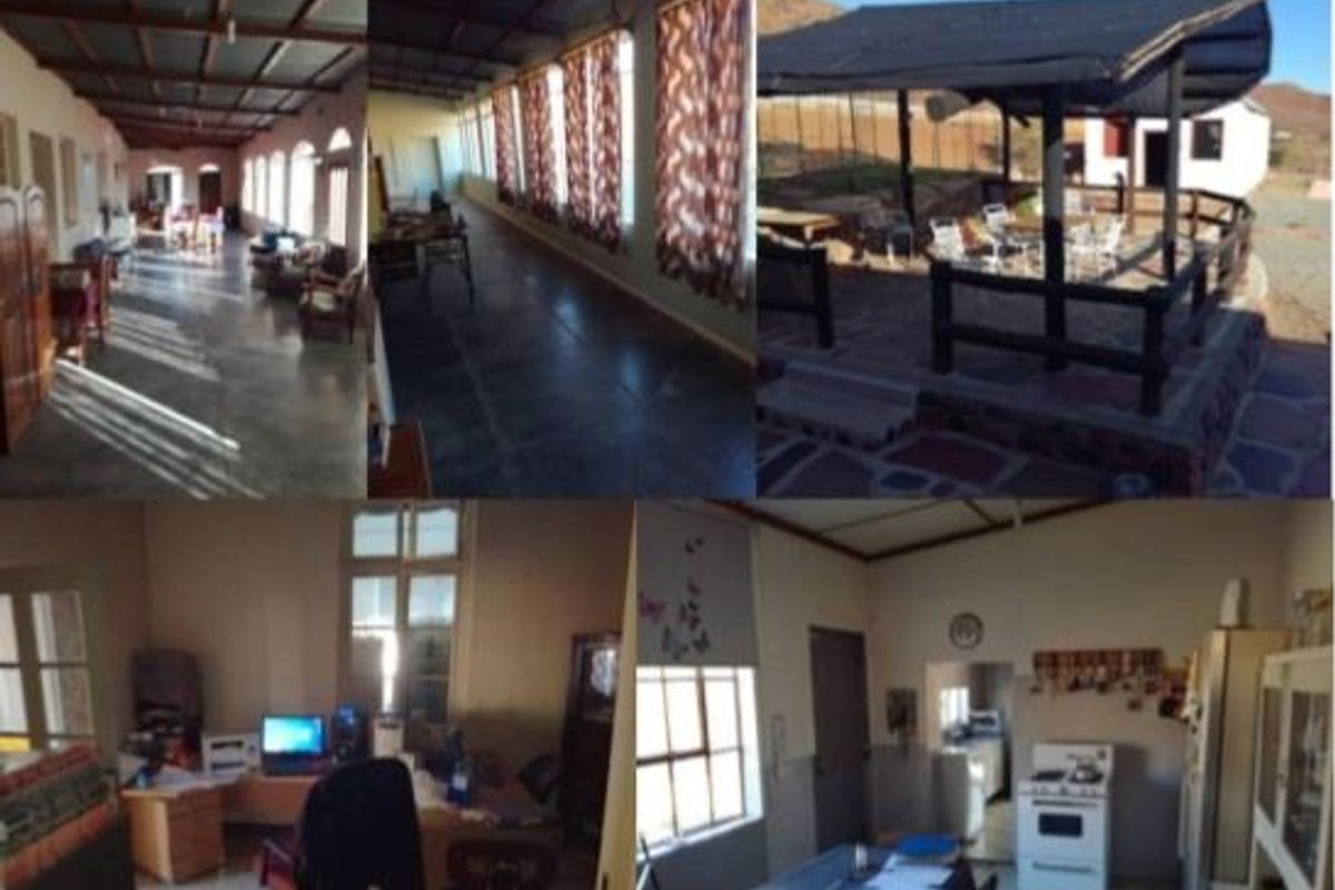 A collage of various interior and exterior views of a farm property, showcasing the main house, garden, living areas, kitchen, and bedroom.