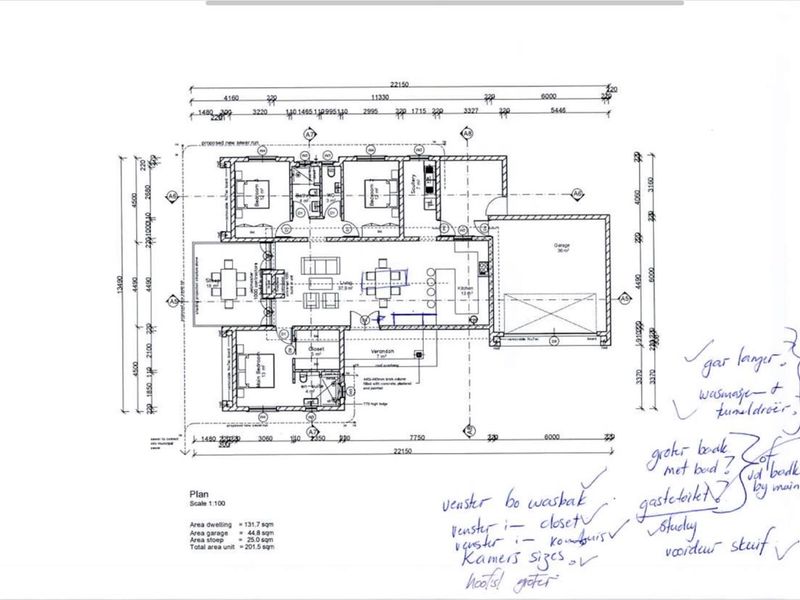 Architectural floor plan for a residential property showing the layout of bedrooms, living areas, kitchen, garage, and veranda with handwritten notes.