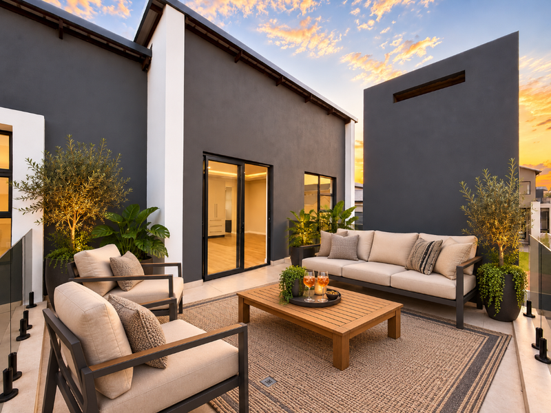 A modern, well-maintained outdoor patio featuring a glass balustrade, tiled flooring, and direct access to the interior through sliding glass doors.