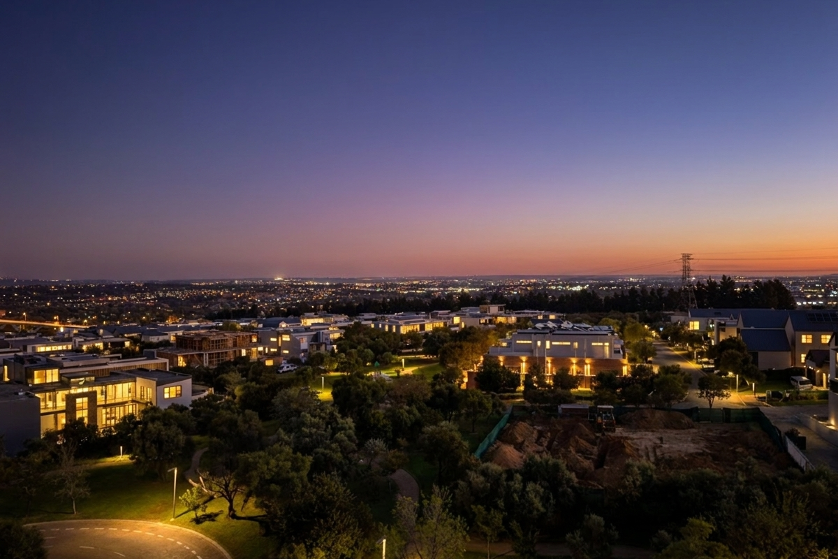 A scenic twilight aerial view overlooking a modern residential estate with landscaped grounds, paved pathways, and surrounding city lights.