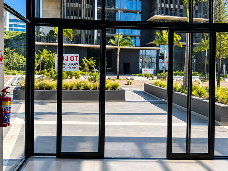 Modern entrance area featuring large glass sliding doors that open onto a paved outdoor courtyard with landscaped garden beds.
