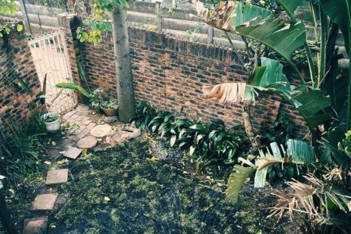 A private rear courtyard featuring brick boundary walls, a metal security gate, and a paved pathway surrounded by established garden foliage.