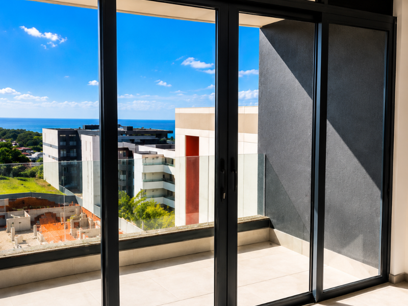 A modern balcony featuring tiled flooring, a sleek glass balustrade, and large sliding glass doors with expansive views of the surrounding area.