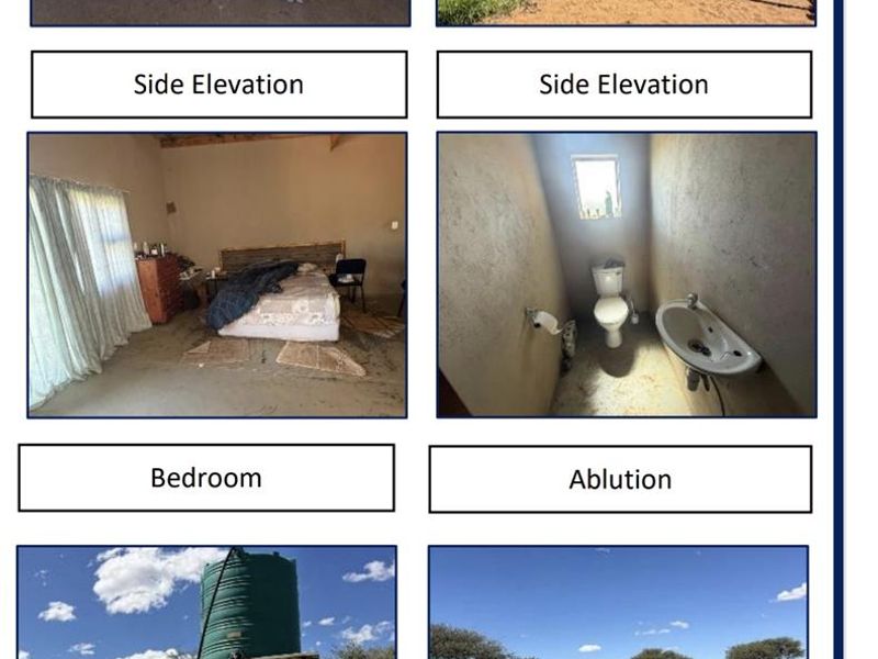 A collage showing various exterior and interior views of a small holding property, including unfinished structures, a bedroom, bathroom, water tanks, and a greenhouse.