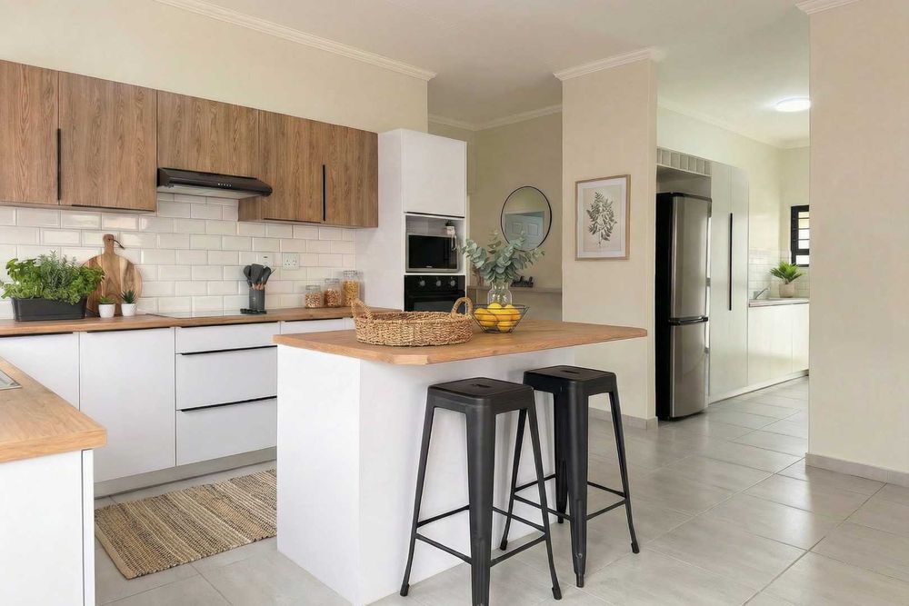 Large kitchen with white gloss cupboards and kitchen island.