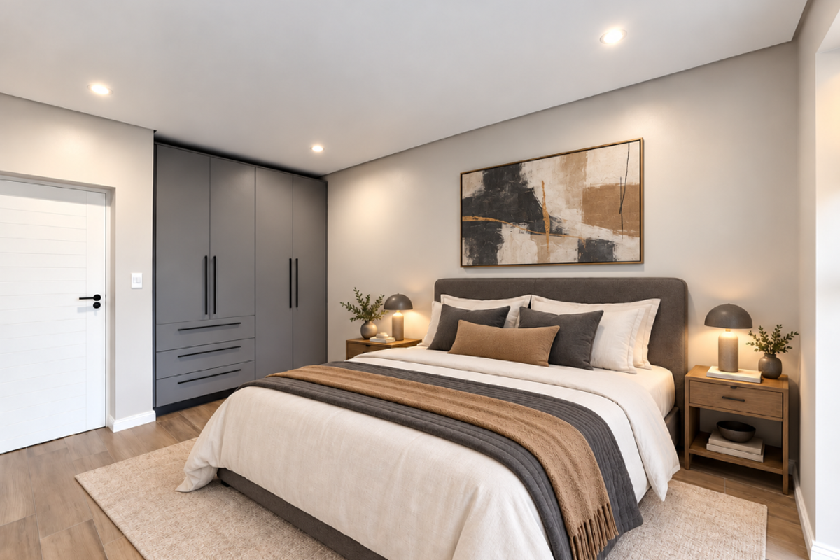 A modern, well-appointed bedroom featuring sleek built-in cupboards, recessed downlighting, and high-quality laminate flooring in a neutral, contemporary color palette.