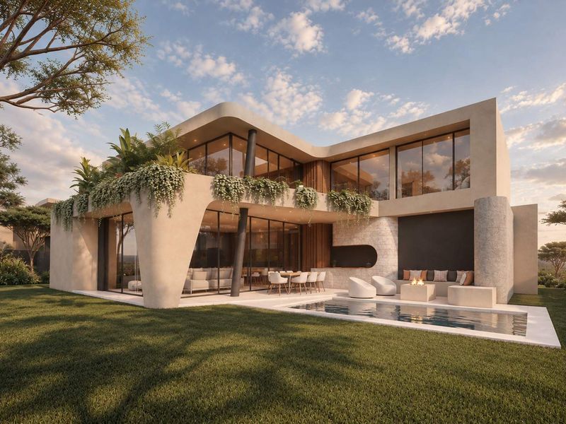 A modern luxury residence featuring a seamless indoor-outdoor flow, a private swimming pool, a built-in fire pit, and expansive glass facades overlooking a landscaped garden.