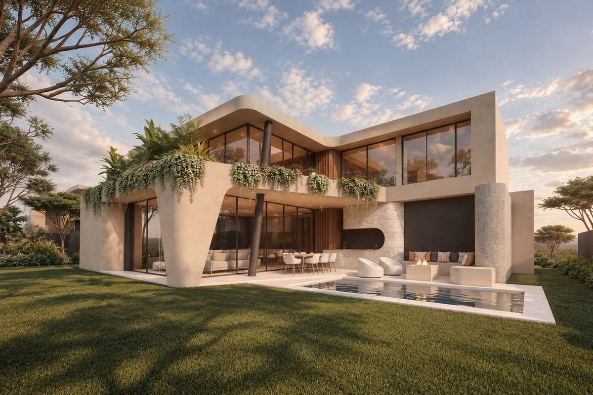 A modern luxury residence featuring a seamless indoor-outdoor flow, a private swimming pool, a built-in fire pit, and expansive glass facades overlooking a landscaped garden.