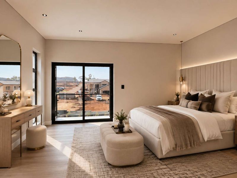 A modern, well-lit bedroom featuring a large upholstered headboard, integrated pendant lighting, and a sliding glass door leading to an outdoor area.