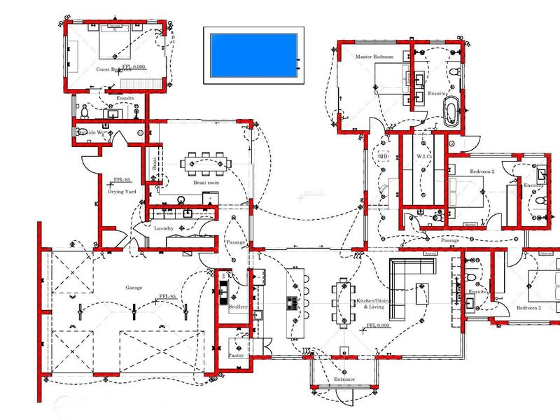 Architectural floor plan showing the layout of a multi-bedroom house with a swimming pool, garage, and open-plan living areas.