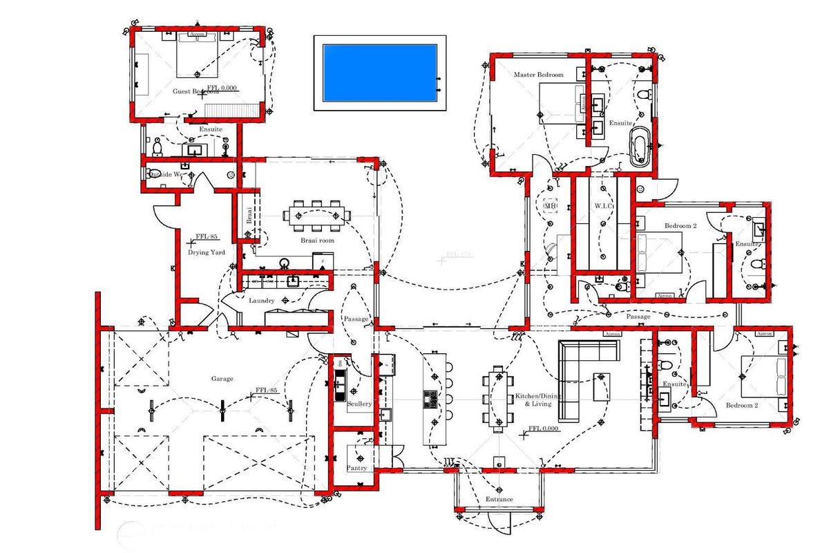 Architectural floor plan showing the layout of a multi-bedroom house with a swimming pool, garage, and open-plan living areas.