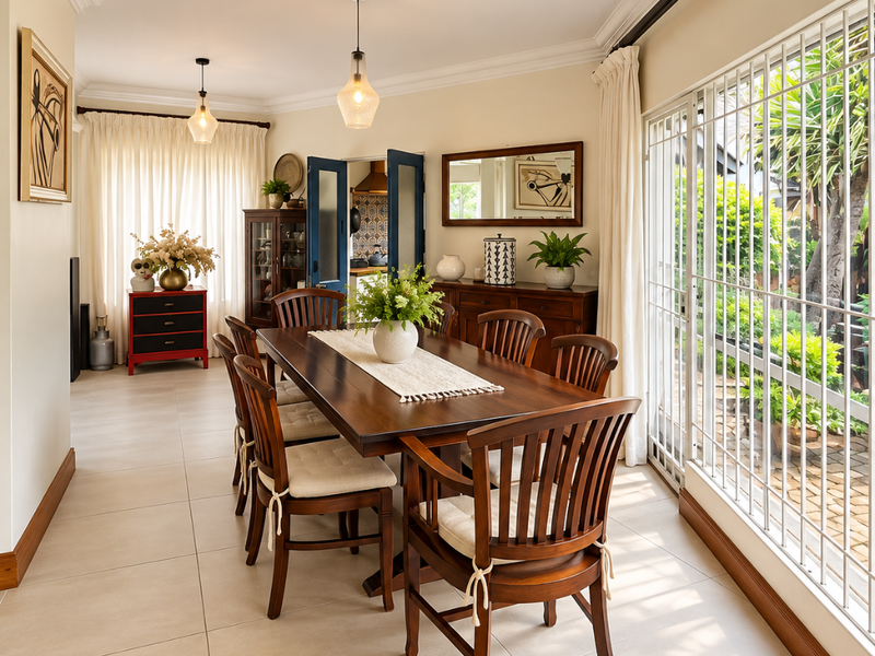 A bright and well-maintained dining room featuring tiled floors, crown molding, and large sliding glass doors with security bars providing access to the garden.