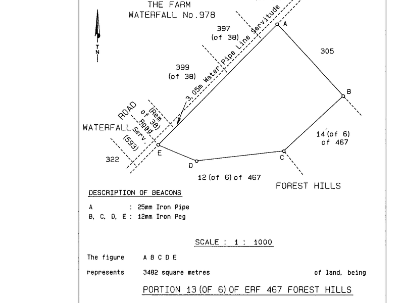 Official sub-divisional diagram for Portion 13 of Erf 467 Forest Hills, detailing property boundaries, coordinates, and registered servitudes.